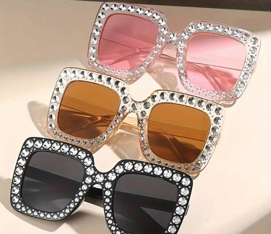 3pcs Large Square Fashion Glasses For Women Bling Rhinestone Gradient Decorative Shades